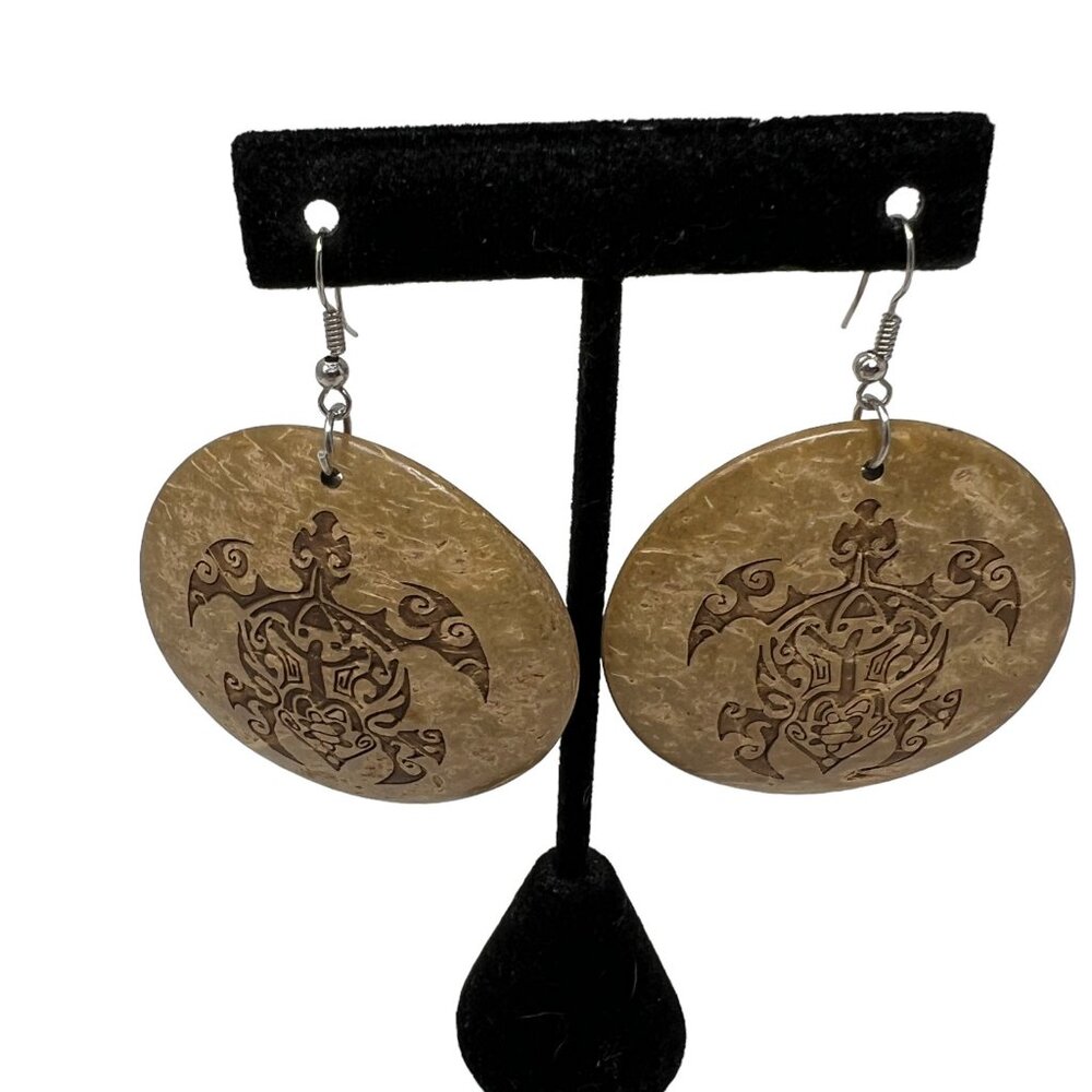 Turtle Earrings Wood Carved Brown Large Disk Wire Pierced‎ Vintage Silver Tone